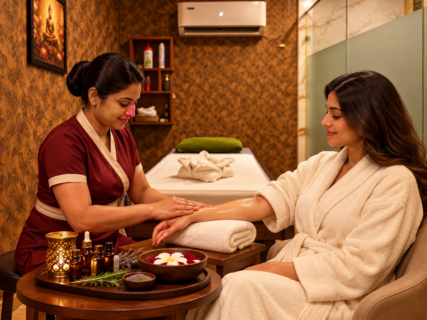 Aromatherapy hand massage with essential oils at Rejoice International Spa