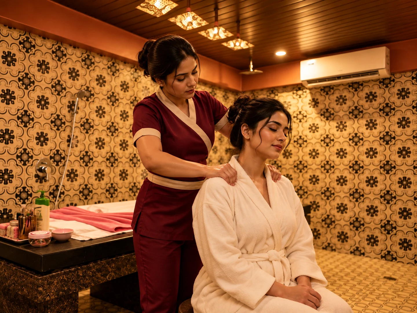 Female therapist providing focused deep tissue shoulder therapy at Rejoice International Spa