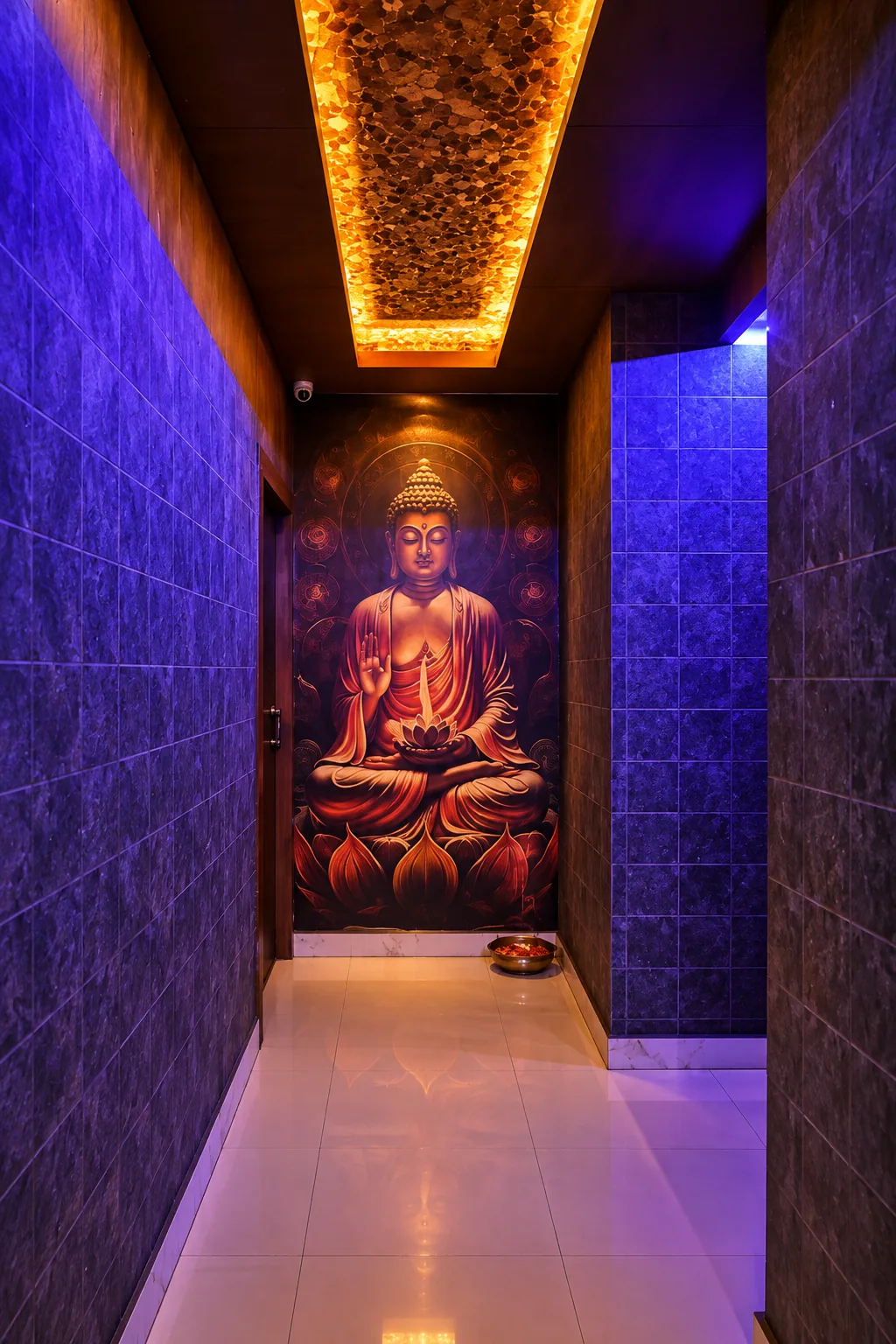 Buddha mural in a calm corridor at Rejoice International Spa