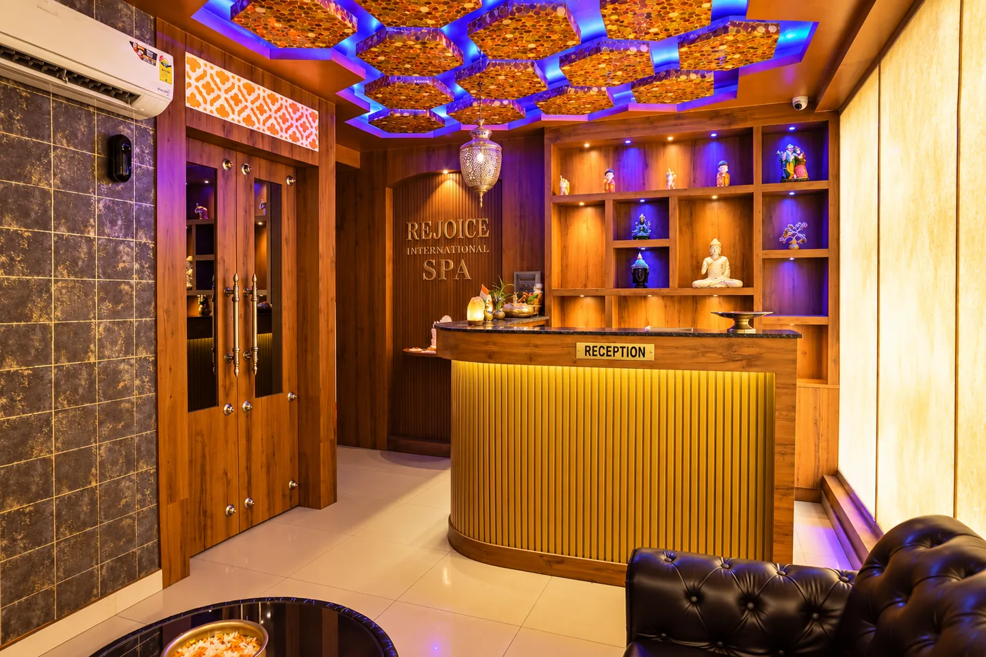 Reception desk at Rejoice International Spa in Bellandur