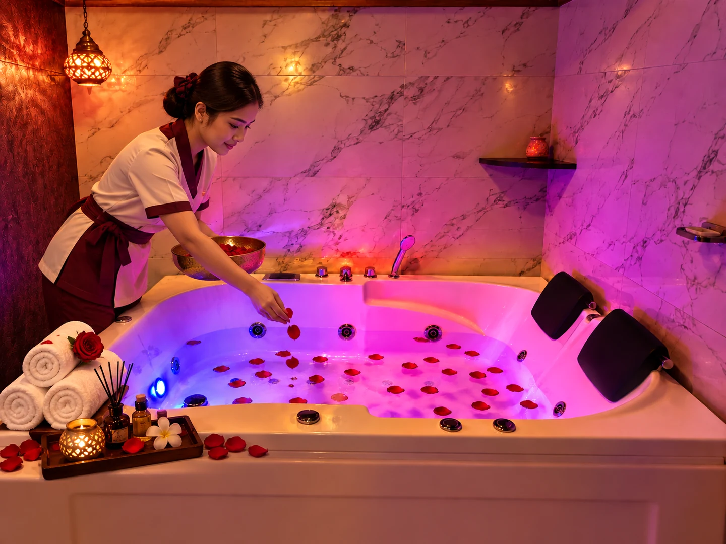 Spa attendant preparing the Royal Jacuzzi at Rejoice International Spa