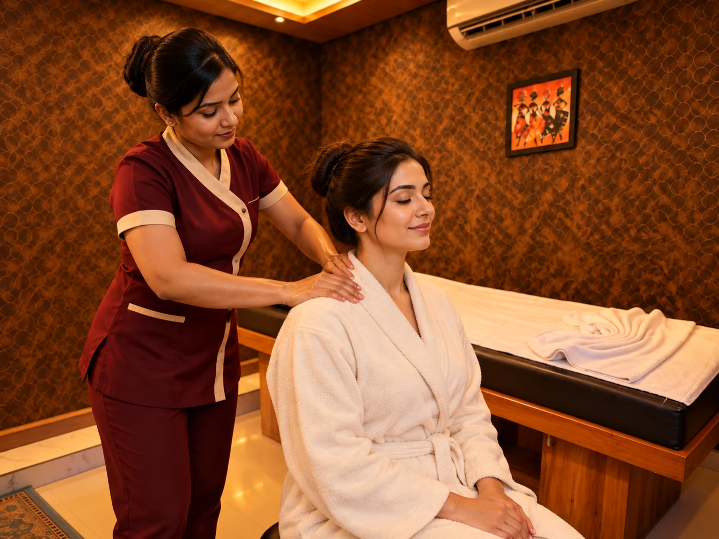 Female therapist providing Swedish shoulder massage at Rejoice International Spa