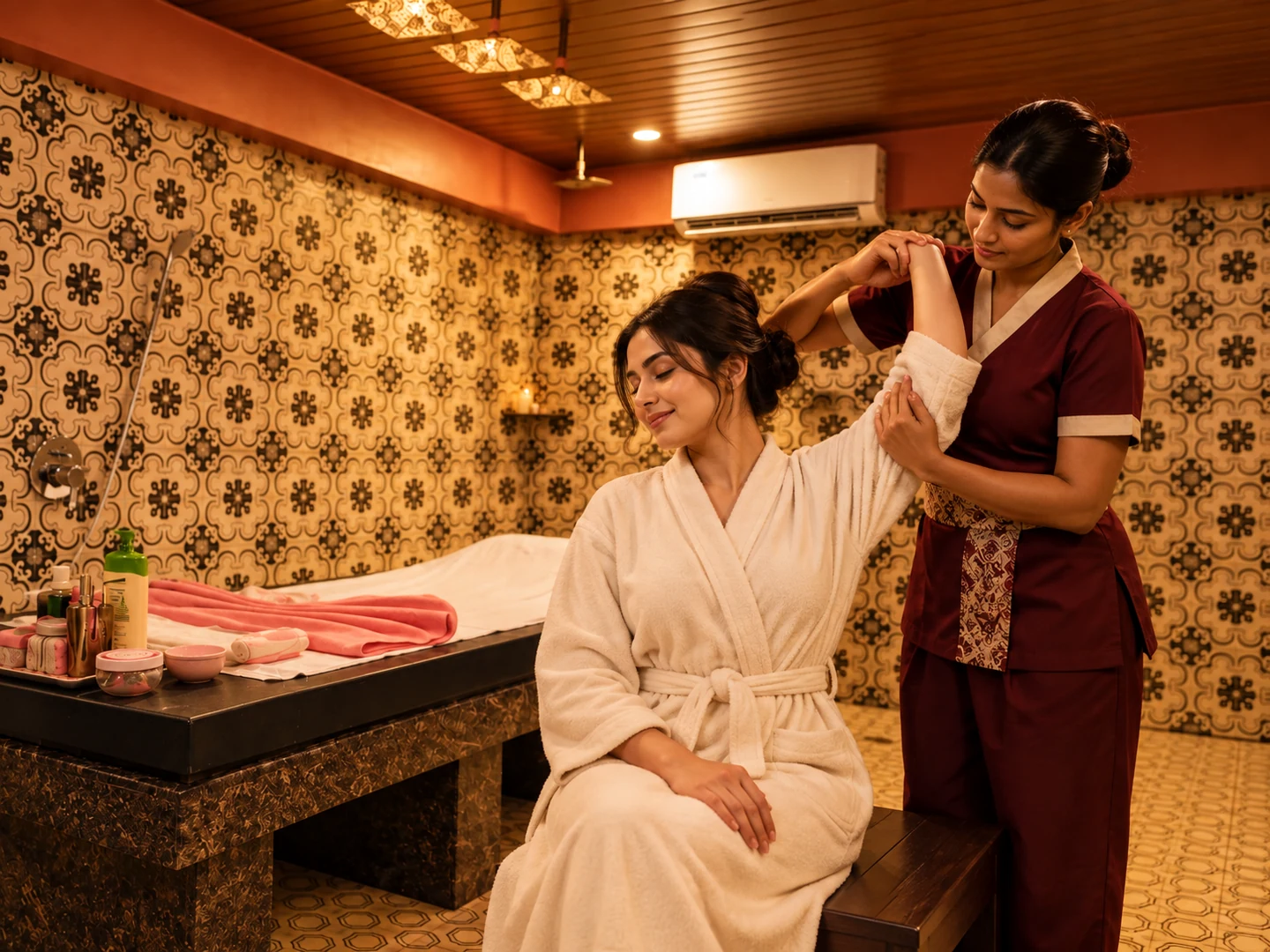 Female therapist guiding an assisted Thai shoulder stretch at Rejoice International Spa